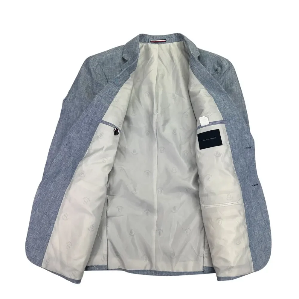 Tommy Hilfiger Mens Modern Fit 100% Linen Solid Sport Coat Light Blue 40R